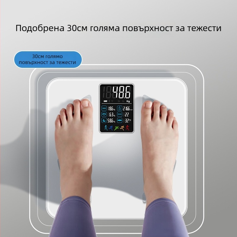 Смарт Bluetooth везна за измерване на телесни мазнини с връзка към приложение, VA дисплей, високопрецизен сензор, съвместима с Android и iOS