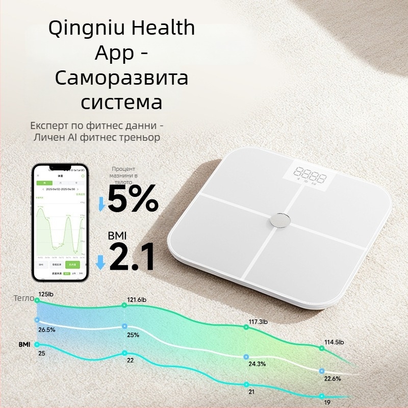 Умна везна за телесни мазнини с ITO напреднала проводяща мембрана; измерва телесни мазнини и воден процент, G‑тип сензор, Bluetooth до 10 м, диапазон 0.2–150 кг, LED дисплей, съвместима с Android и iOS