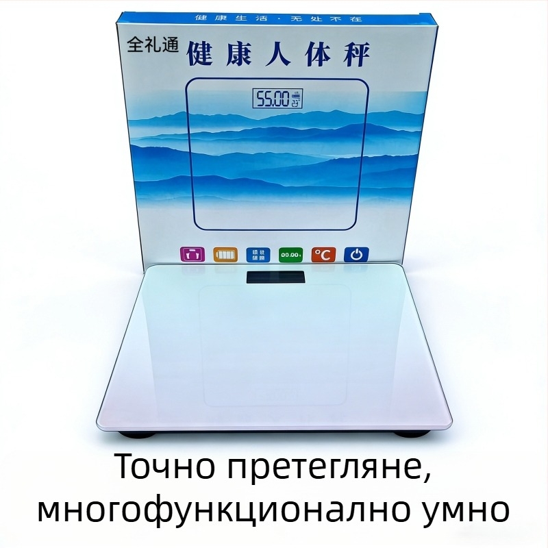 Везна за телесно тегло с стъклена платформа, капацитет 180 кг, дисплей 2 инча, управление с докосване и бутон, безжично разстояние до 5 м