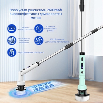 Безжична електрическа почистваща четка с дълга дръжка, сгъваща се и въртяща се за кухня и баня