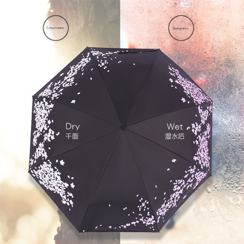 Чадър с автоматично разпъване, трисекционна конструкция, модел с животински мотив и сакура, UV защита, възможност за персонализирано лого