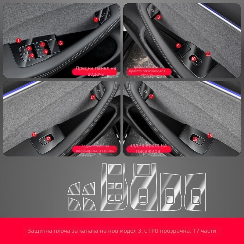 Tesla Model 3 TPU защитен филм за средна колона и централно управление – защита от драскотини за бутоните на волана, бутона за врата и панелите за прозорците