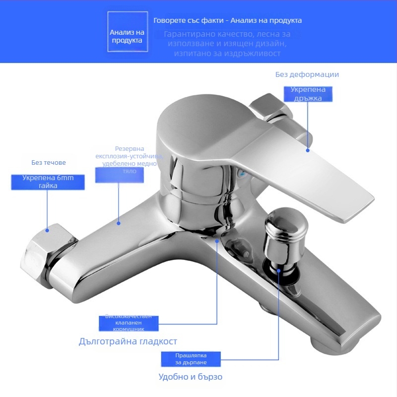 Комплект душ за дома с ръчен душ, тройна смесителна система, стенно монтиране, меден корпус, керамичен дисков клапан