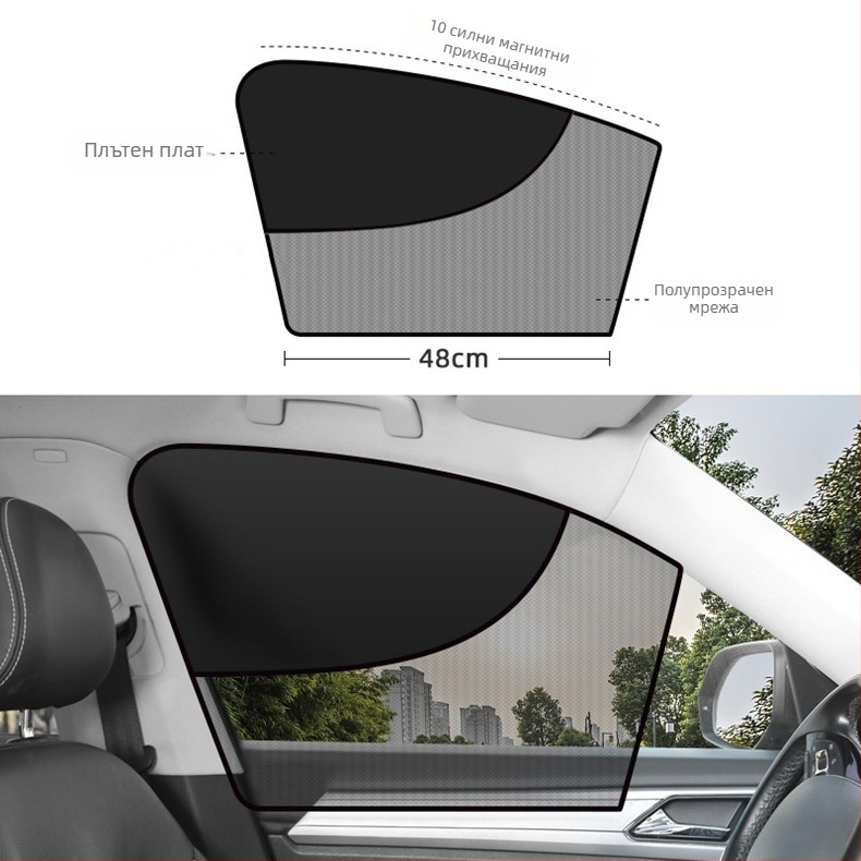 Автомобилна слънцезащитна завеса с двойен страничен мрежест панел, магнитно закрепване, топлоизолация и защита от светлина за автомобилните прозорци