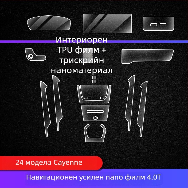 TPU вътрешна защитна фолија за Porsche Cayenne — инструментален и навигационен дисплей, централна конзола и скоростен лост — еднотипно формоване, устойчиво на температури, устойчива на драскотини и износване, против отпечатъци и мазни петна