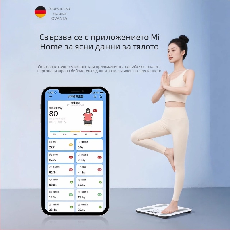 Oufanda Bluetooth телесна везна с тест за телесни мазнини и вода, 0,2–180 кг, закалено стъкло, за възрастни