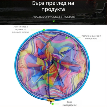 Глава за уловна мрежа за риболов: големи отвори, мрежа от найлон, алуминиева сплавна рамка, дебелен алуминиев пръстен, 8 мм резбово съединение
