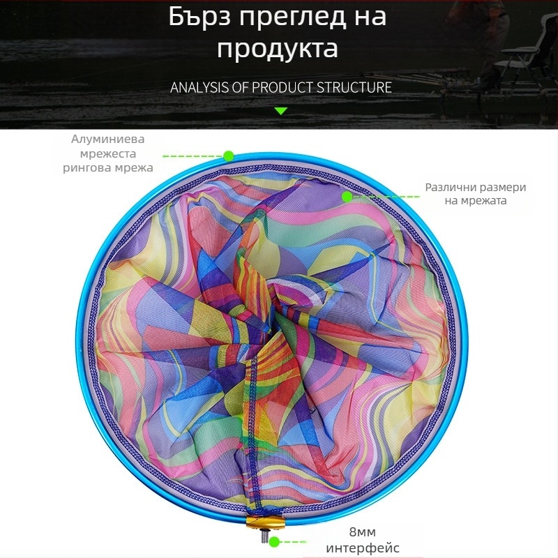 Глава за уловна мрежа за риболов: големи отвори, мрежа от найлон, алуминиева сплавна рамка, дебелен алуминиев пръстен, 8 мм резбово съединение