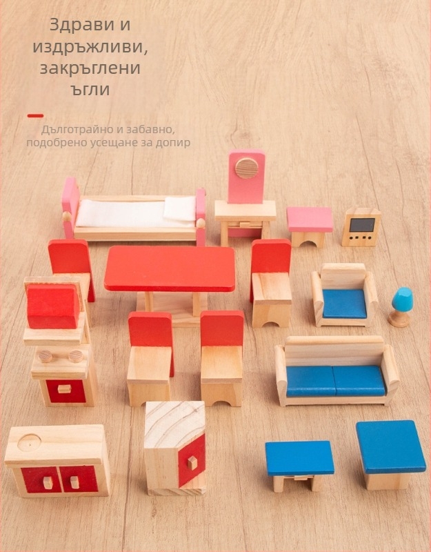 Дървен комплект за игра за деца — мини мебели за кукли: диван, шкаф и гардероб за деца на 4–6 години