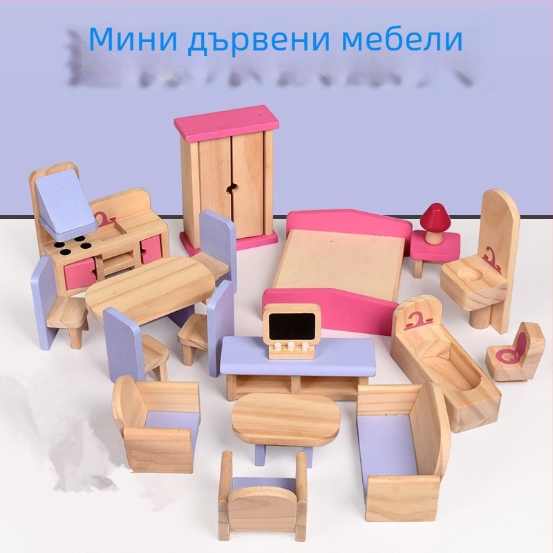 Дървен комплект за игра за деца — мини мебели за кукли: диван, шкаф и гардероб за деца на 4–6 години