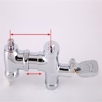 Медна хоризонтална педално-управлявана клапа за промиване на клекалка, модел SY-8050; корпус изцяло меден; налягане 1.2 MPa; време на промиване 3–4 сек.; изход 1 инч