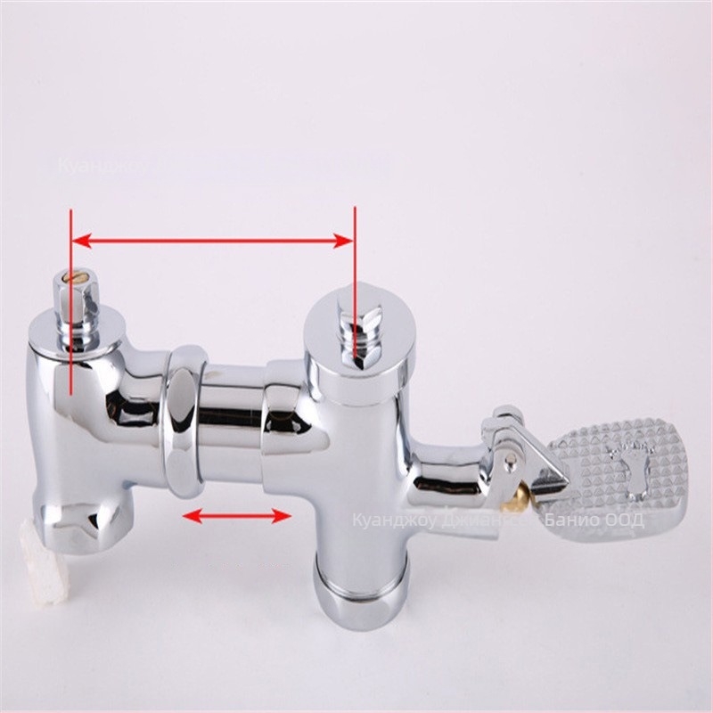 Медна хоризонтална педално-управлявана клапа за промиване на клекалка, модел SY-8050; корпус изцяло меден; налягане 1.2 MPa; време на промиване 3–4 сек.; изход 1 инч