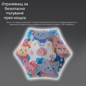 Детски чадър - Карикатурен дизайн, Безопасни заоблени ръбове, Дълга дръжка, 12 ребра с прът от сплав, Ръчно отваряне
