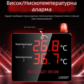 Индустриален дисплей за температура и влажност, голям екран, стенен монтаж, LX935T, резолюция 0.1°, точност на температурата ±0.5°C, точност на влажността ±3%, USB 5V захранване