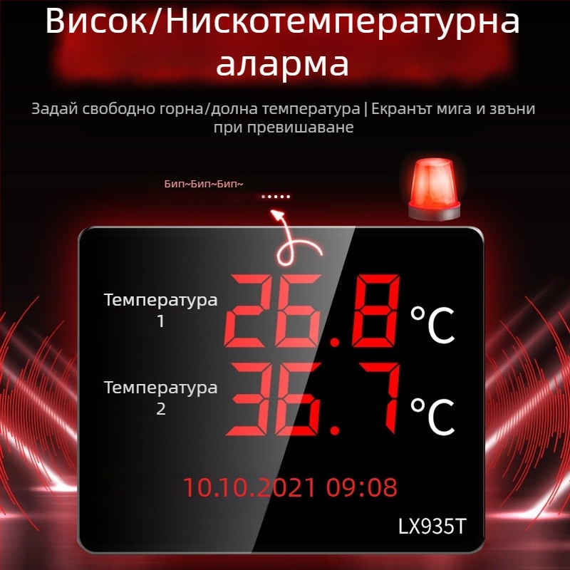 Индустриален дисплей за температура и влажност, голям екран, стенен монтаж, LX935T, резолюция 0.1°, точност на температурата ±0.5°C, точност на влажността ±3%, USB 5V захранване