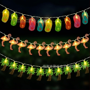 LED светлинна нишка за плажен декор — форми палма, кокосово дърво и фламинго, 10/20 LED, IP43, 3000K, батериен блок, ръчно управление