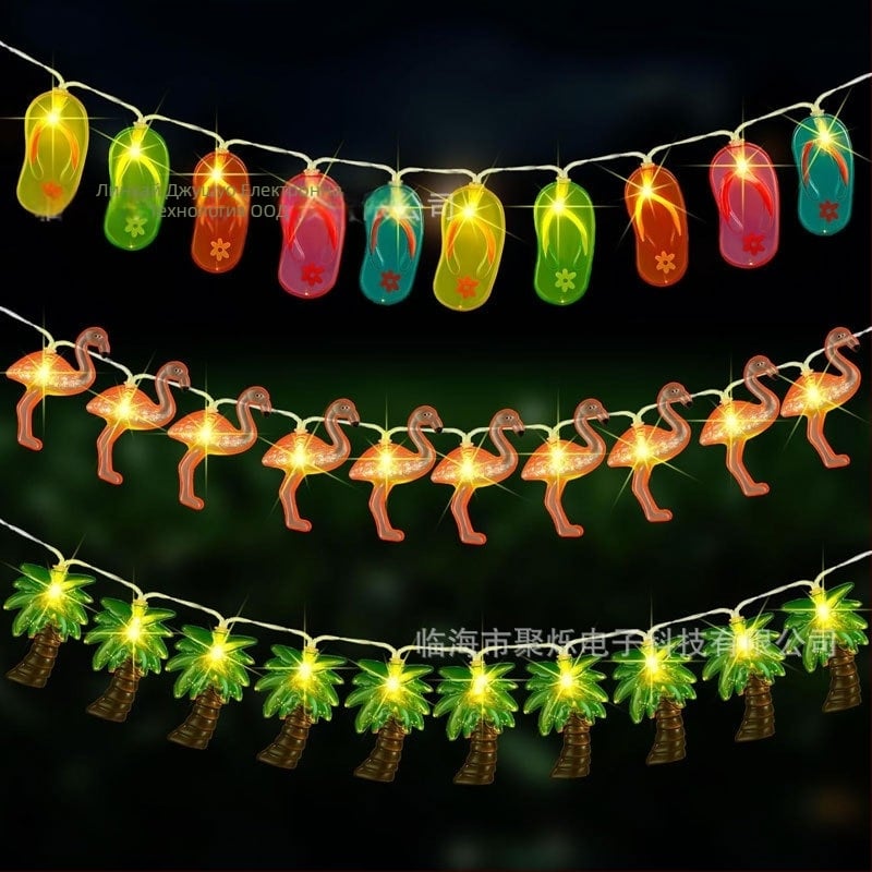 LED светлинна нишка за плажен декор — форми палма, кокосово дърво и фламинго, 10/20 LED, IP43, 3000K, батериен блок, ръчно управление