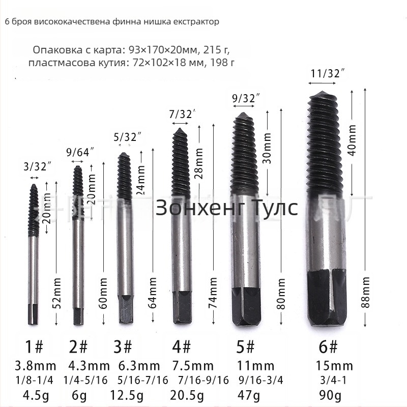 Комплект екстрактори за счупени винтове с фино зъбче | 5 части | размери 5/6/8/11 | Материал: въглеродна стомана и хром-молибденова стомана | Марка: Zhongheng