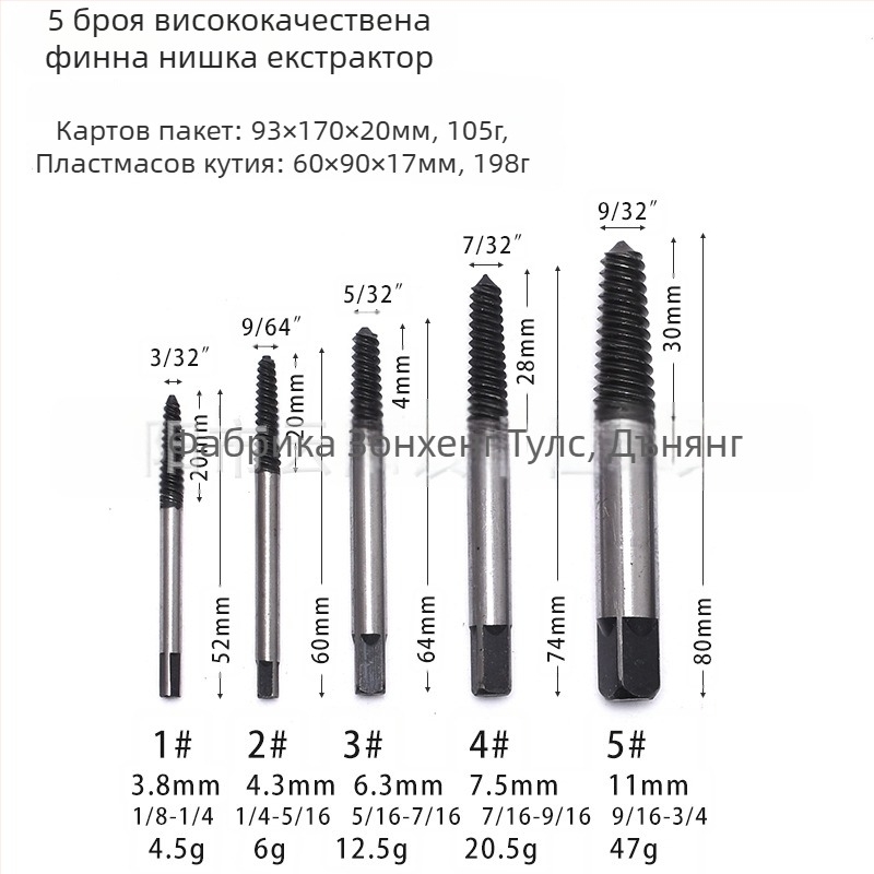 Комплект екстрактори за счупени винтове с фино зъбче | 5 части | размери 5/6/8/11 | Материал: въглеродна стомана и хром-молибденова стомана | Марка: Zhongheng
