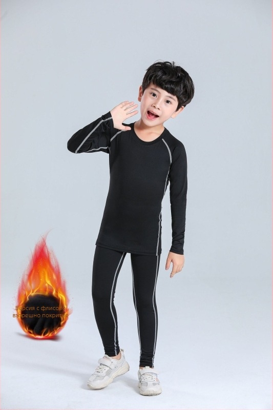 Детски зимен спортен комплект за баскетбол и футбол, подплатен с флис, бързосъхнещ екип за тренировки (Възраст: деца; Сезони: есен/зима; Спорт: баскетбол/футбол; Състав: 90% полиестер; Подплата: 10% полиестер)