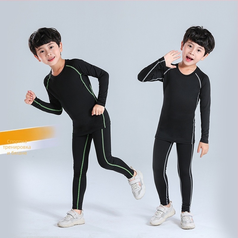 Детски зимен спортен комплект за баскетбол и футбол, подплатен с флис, бързосъхнещ екип за тренировки (Възраст: деца; Сезони: есен/зима; Спорт: баскетбол/футбол; Състав: 90% полиестер; Подплата: 10% полиестер)