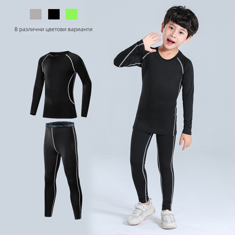 Детски зимен спортен комплект за баскетбол и футбол, подплатен с флис, бързосъхнещ екип за тренировки (Възраст: деца; Сезони: есен/зима; Спорт: баскетбол/футбол; Състав: 90% полиестер; Подплата: 10% полиестер)