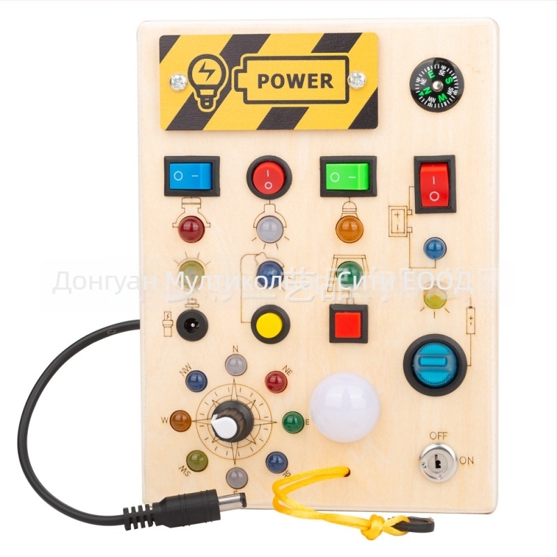 Дървена занимателна дъска за ранно образование с LED светлина, контакти и ключове — интерактивна игра, захранвана от обикновени батерии, за деца на 4–6 години