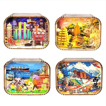 Дървена музикална кутия със сценични атракции от градове — персонализирано подаръчно изделие, печат на лого; обработки: боядисване, скулптура, печат, UV печат