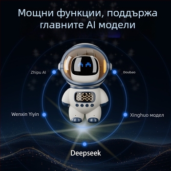 AI будилник с тема Астронавт, безжичен Bluetooth високоговорител с Wi‑Fi, 5W, 1200–2000mAh батерия, 100Hz–20kHz, SNR ≥85dB, обхват 10m