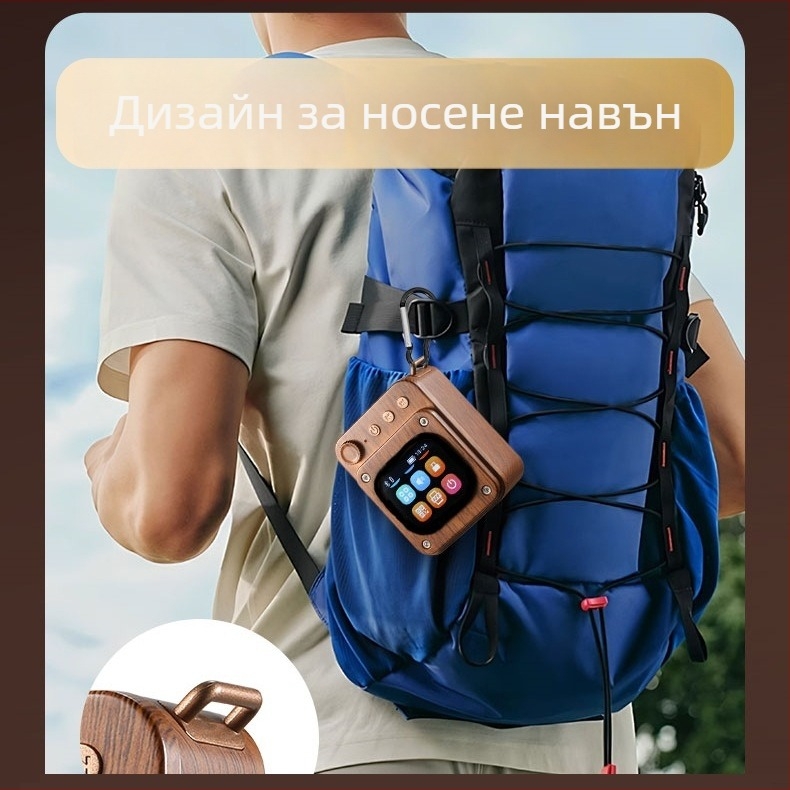 Bluetooth говорител с дървесен модел, сензорен екран и вграден слот за карта; мощност 5W, Bluetooth 5.3, обхват 10 m, честотен диапазон 100 Hz–20 kHz, SNR ≥70 dB