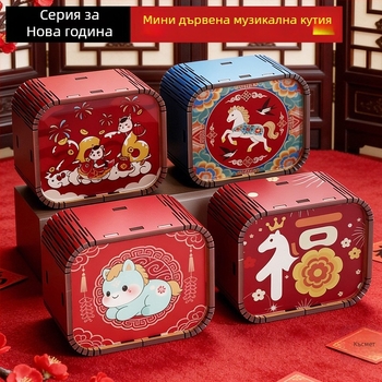 Дървена мини музикална кутия с 26 ноти, Нова година, възможност за персонализирано лого, карикатурен стил, печат и UV печат