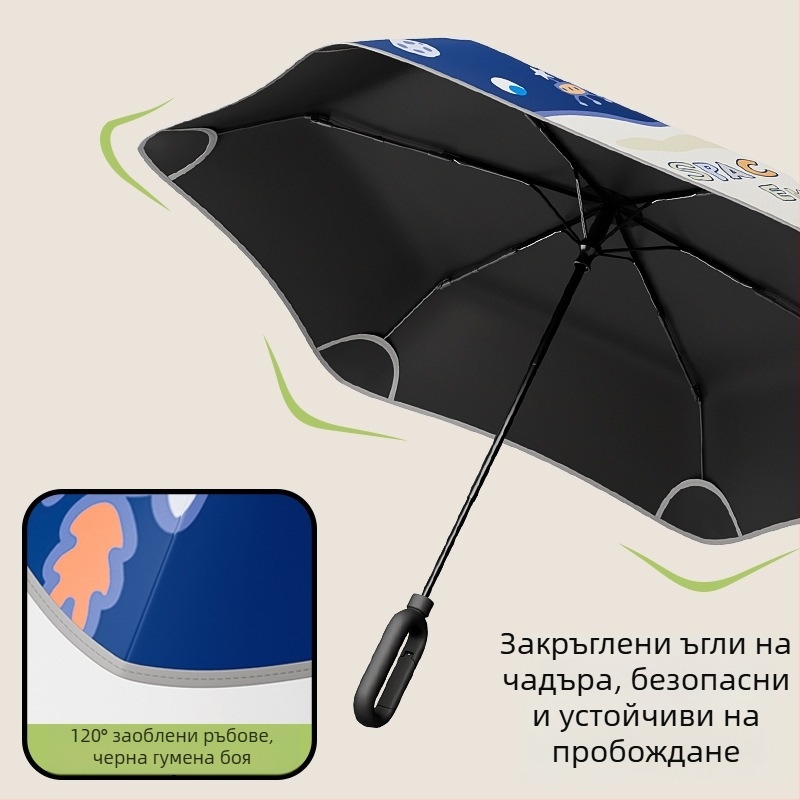 Детски чадър с 6 ребра, карикатурен дизайн и закръглен безопасен кант, 190T удароустойчив плат, фибърни ребра, стоманена ос и ръчно отваряне/затваряне