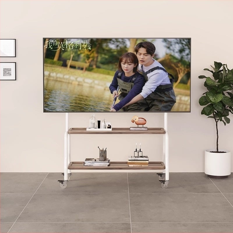 Телевизионна подова стойка с неръждаема стомана, орехови дървени полици, мобилен шкаф с универсални колела