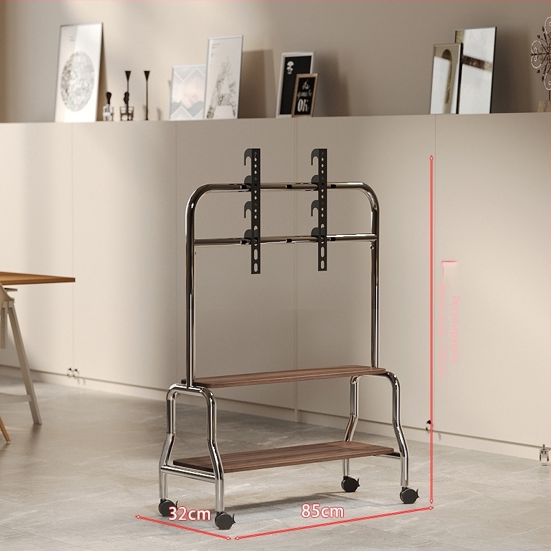 Телевизионна подова стойка с неръждаема стомана, орехови дървени полици, мобилен шкаф с универсални колела