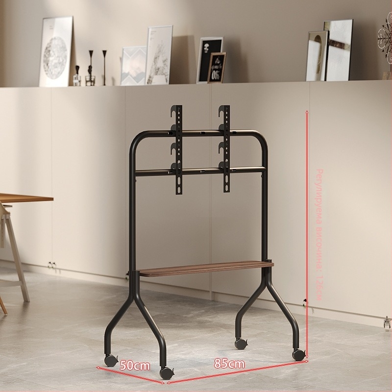 Телевизионна подова стойка с неръждаема стомана, орехови дървени полици, мобилен шкаф с универсални колела