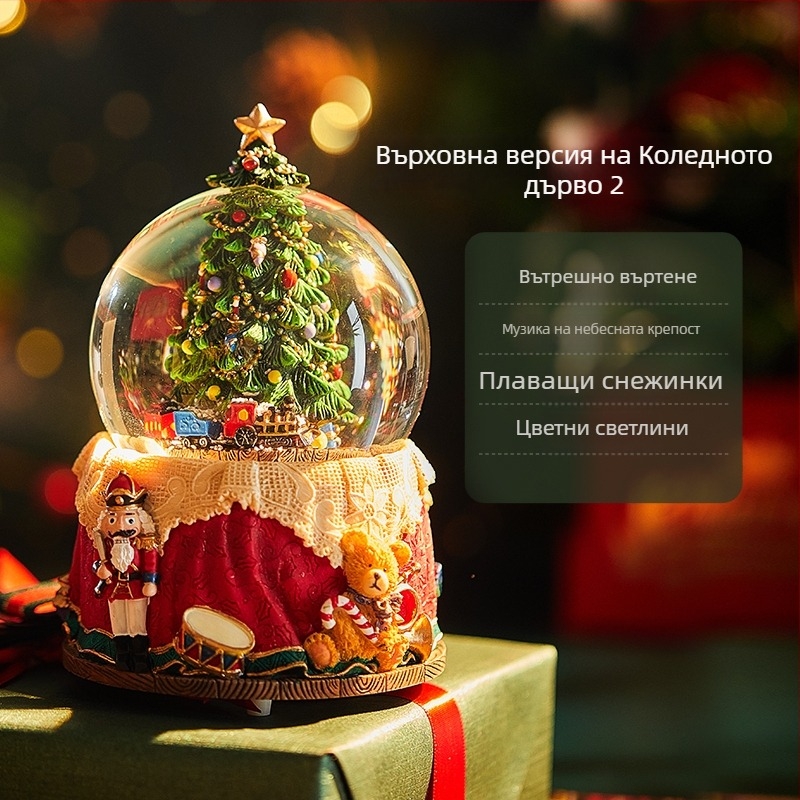 Завъртаща се снежна кристална топка – Bluetooth музикална кутия с копринено цвете и осем ноти