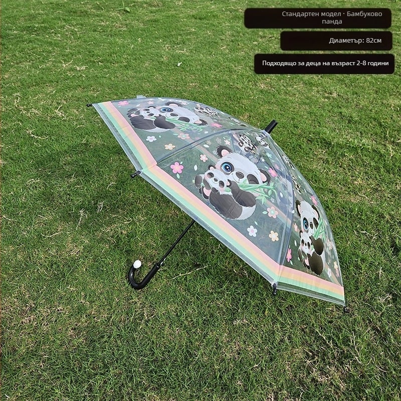 Детски чадър с мультяшен дизайн и прозрачен покрив, дълга дръжка, 8 ребра, автоматично отваряне, печатано лого