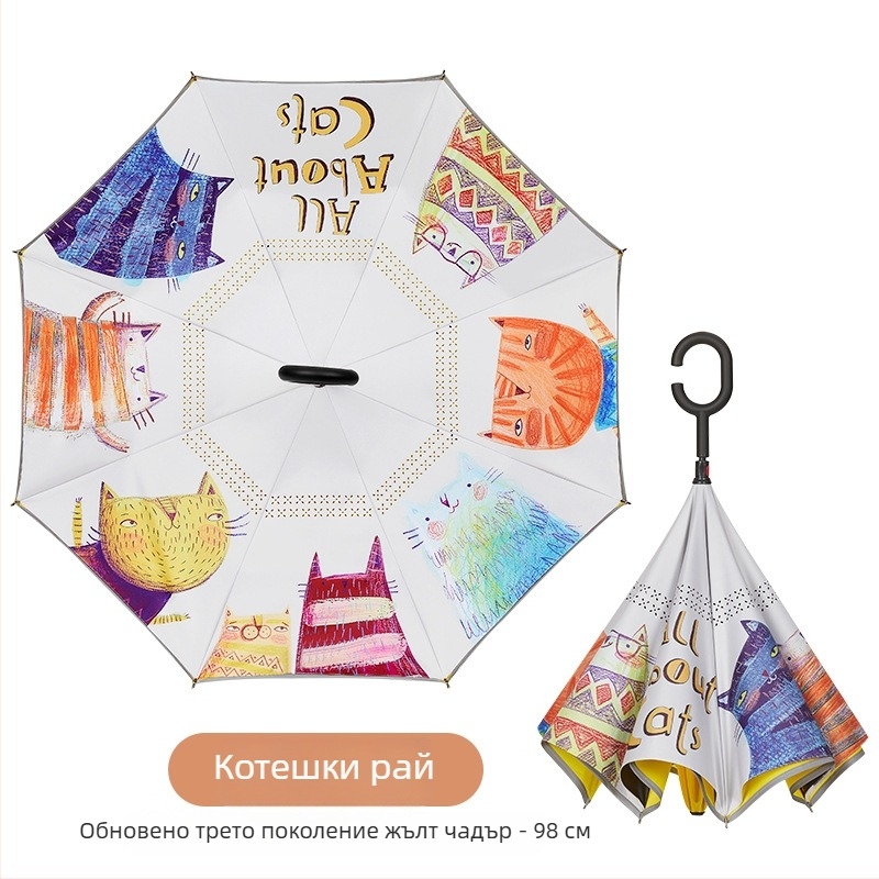 Детски чадър с дълга дръжка и карикатурен дизайн, 8 ребра, полиестерна тъкан 210T, стоманен прът, пластмасова дръжка, ръчно отваряне/закриване, печат на лого, персонализиране