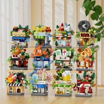 Строителни блокчета: улична сцена с микро-частици; ABS пластмаса; LEGO-съвместими; 200–400 блока; 0,2 кг