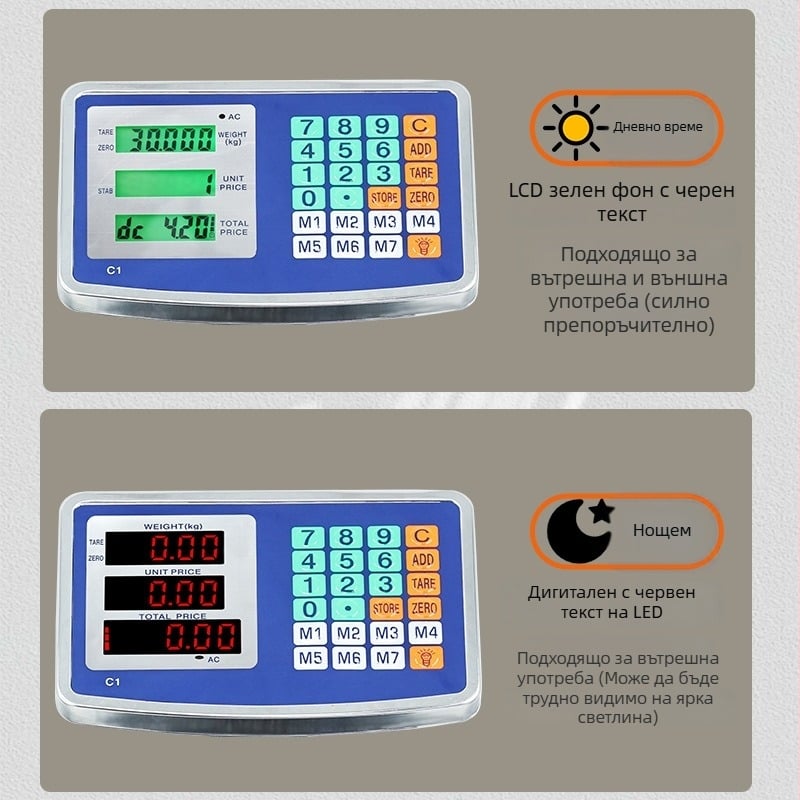 Сгъваема електронна ценова везна за търговска употреба, 150 кг капацитет, електронно измерване, захранване: акумулаторна батерия и/или мрежово захранване