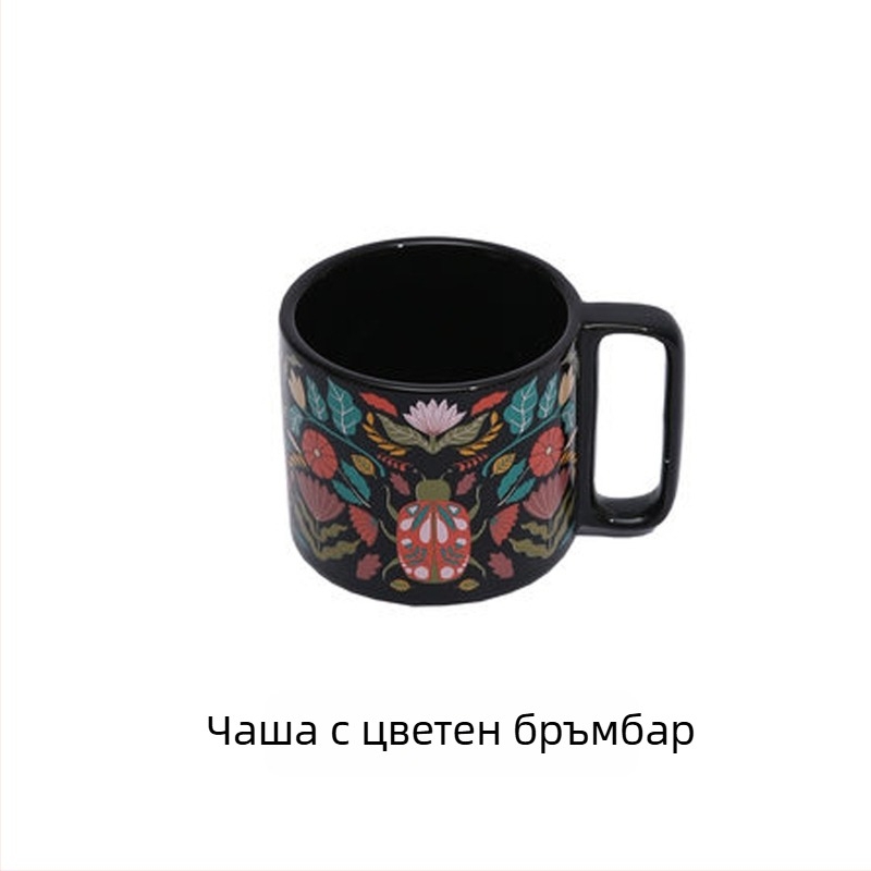 Емалиева чаша за кафе, цилиндрична, с дръжка, печат на лого, модерен минималистичен стил, подходяща за микровълнова