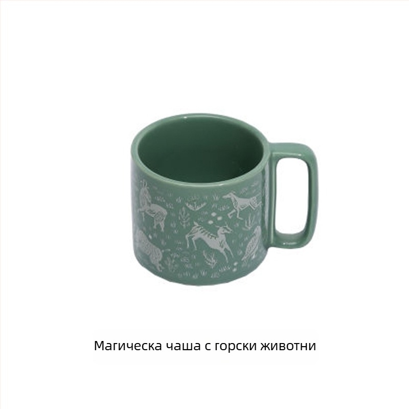 Емалиева чаша за кафе, цилиндрична, с дръжка, печат на лого, модерен минималистичен стил, подходяща за микровълнова