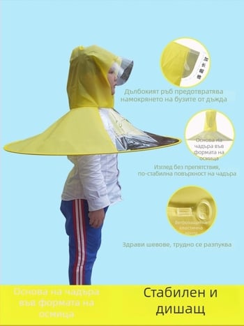 Детски чадър-шапка: лек, прозрачен сгъваем дизайн, алуминиев каркас и пръти, 170T винилов плат, опаковка 31x33x0,8 см, грубо тегло 200 г