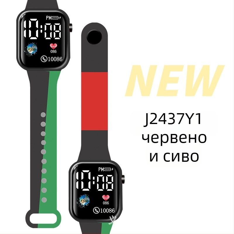 LED цифров часовник за спорт на открито и за ученици, квадратен пластмасов корпус, цифров дисплей, електронно движение, пластмасов ремък