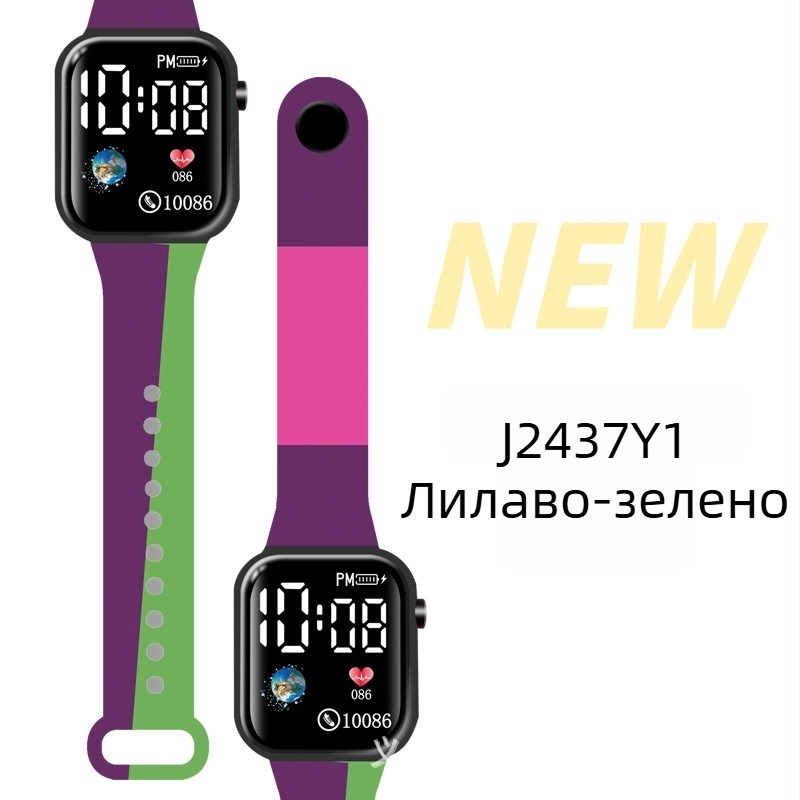 LED цифров часовник за спорт на открито и за ученици, квадратен пластмасов корпус, цифров дисплей, електронно движение, пластмасов ремък