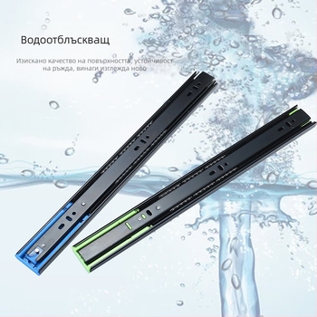 Трисекционен водач за чекмедже с амортизационен механизъм, безшумен лагер с метални топчета, модел H12b, материал: стомана, повърхностни обработки: електрофорезно покритие, електролитично галванизиране, брусиран финиш