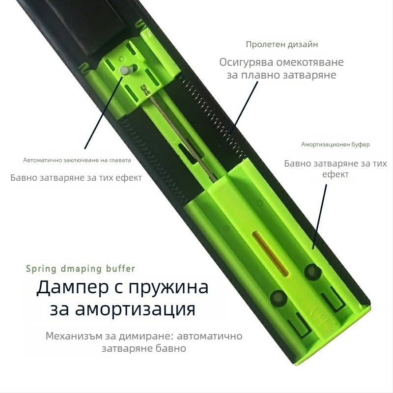 Трисекционен водещ релс за шкафове и чекмеджета с буферен демпфер, безшумен ход; Материал: студено валцована стомана; Покритие: електрофореза; Подходящ за шкафове, чекмеджета и плочи за клавиатури