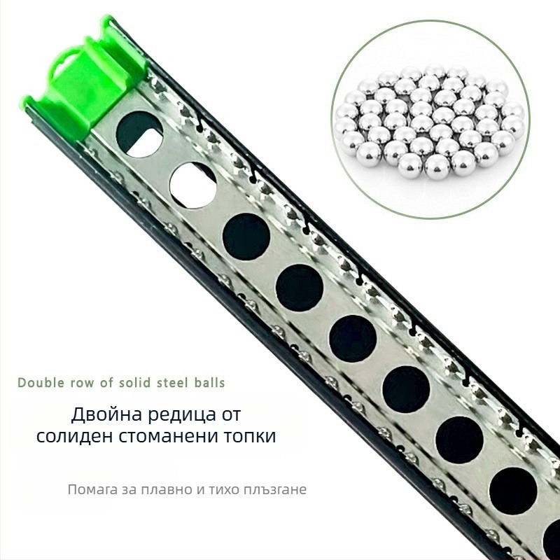 Трисекционен водещ релс за шкафове и чекмеджета с буферен демпфер, безшумен ход; Материал: студено валцована стомана; Покритие: електрофореза; Подходящ за шкафове, чекмеджета и плочи за клавиатури