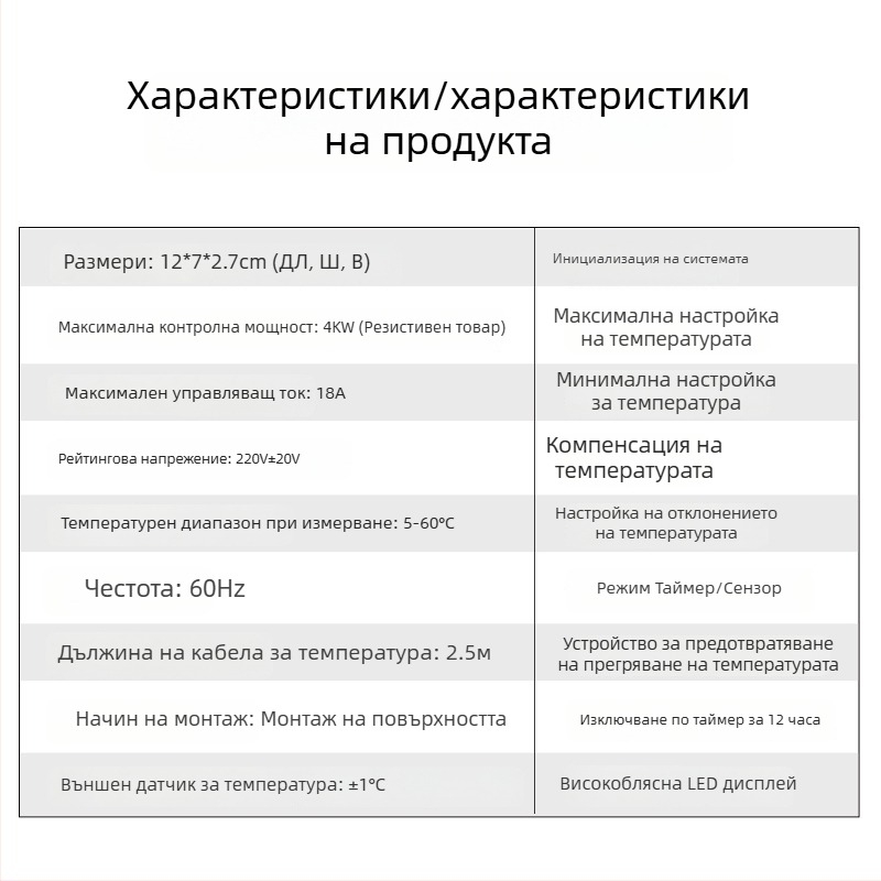 Термостат с цифров дисплей за електрически отоплителен филм – интелигентно управление на температурата, 0–60°C, точност ±2°C, 220V кабелно свързване