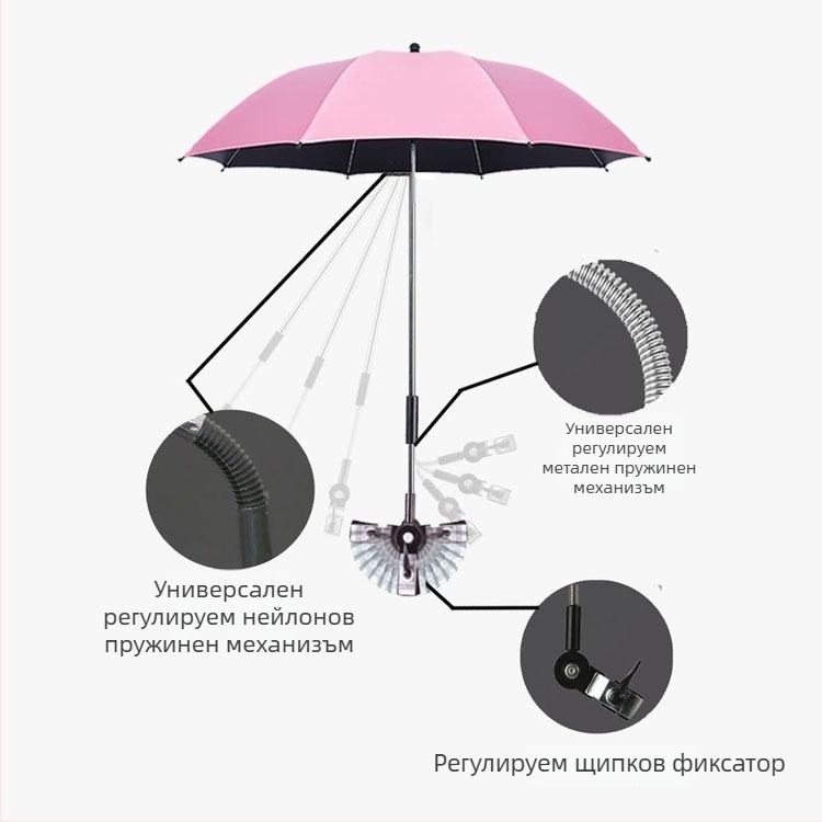 BANANA HT Чадър за количка за деца с UPF 50+, 8 стоманени ребра, плат 190T, ръчно отваряне, дълга дръжка